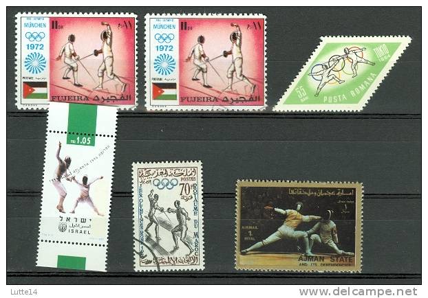 6  Timbres ESCRIME (lot N°11): Roumanie - Fujeira - Israel - Maroc - Ajman- JO - Escrime