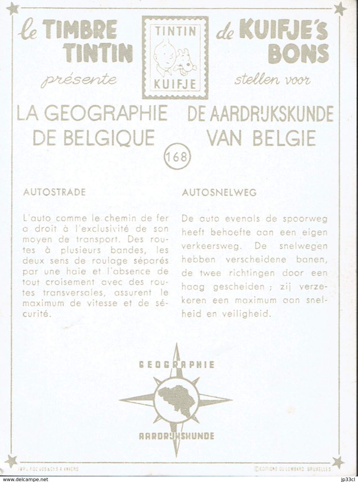 Autostrade - Autosnelweg - Timbre Tintin - Kuifje´s Bons N° 168 (Géographie De Belgique -Aardrijkskunde Van België) - Altri & Non Classificati