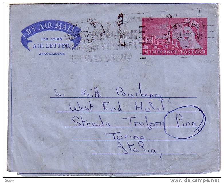 F1479 - GREAT BRITAIN AEROGRAMME TO ITALY 25/3/1953 - Covers & Documents