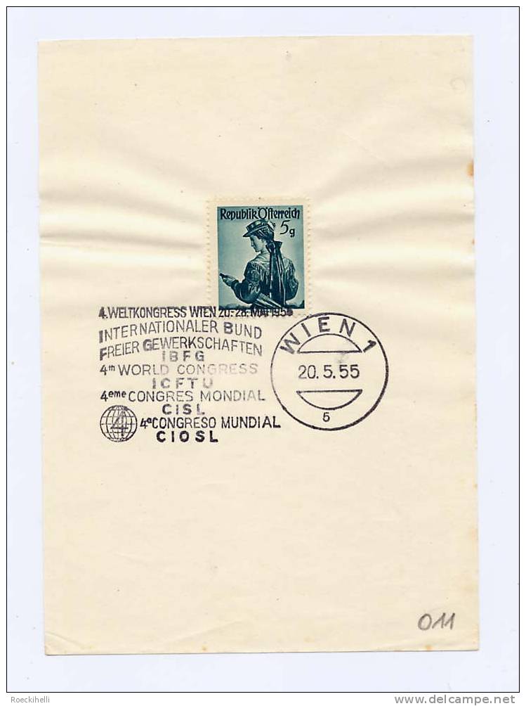 20.5.55  -  Sonderstempel-Blatt  -   4. Weltkongress Internat. Bund Freier Gewerksch.  (SSt 011) - Briefe U. Dokumente