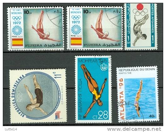 6  Timbres PLONGEON (lot N°04):  Fujeira - Afghanistan - Dominique - Bulgarie - Benin -  Jeux Olympiques - High Diving