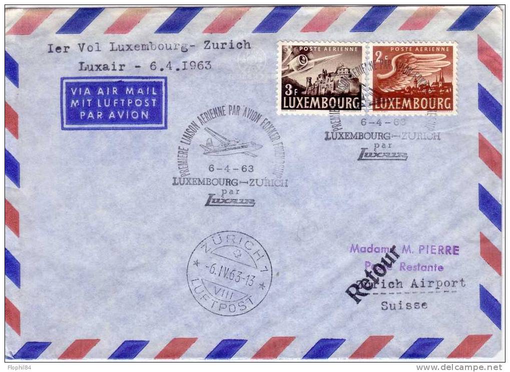 LUXEMBOURG-1er VOL LUXEMBOURG ZURICH 6-4-1963 - POSTE AERIENNE N°8 ET 9 - Storia Postale