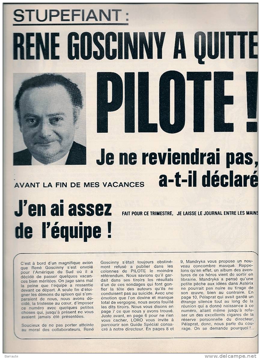 PILOTE N° 649 Du 13 /04/1972 Couverture Dessin Signé GOTLIB. Rene GOSCINNY Quitte PILOTE ??? - Pilote