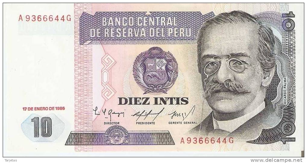 BILLETE DE PERU DE 10 INTIS  (BANKNOTE) - Perú