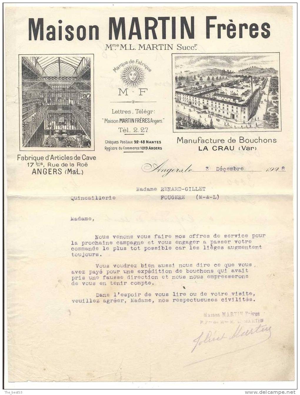 Facture (lettre)       Fabrique D´Articles De Caves   Maison Martin Frères     Angers  (49) - Invoices