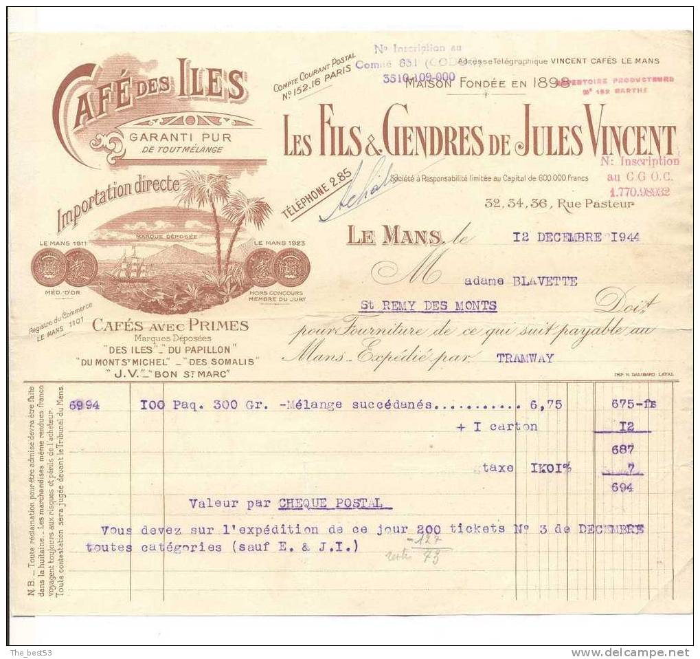 Facture      Café Des Iles      Les Fils Et Gendres De Jules Vincent      Le Mans  (72) - Facturen