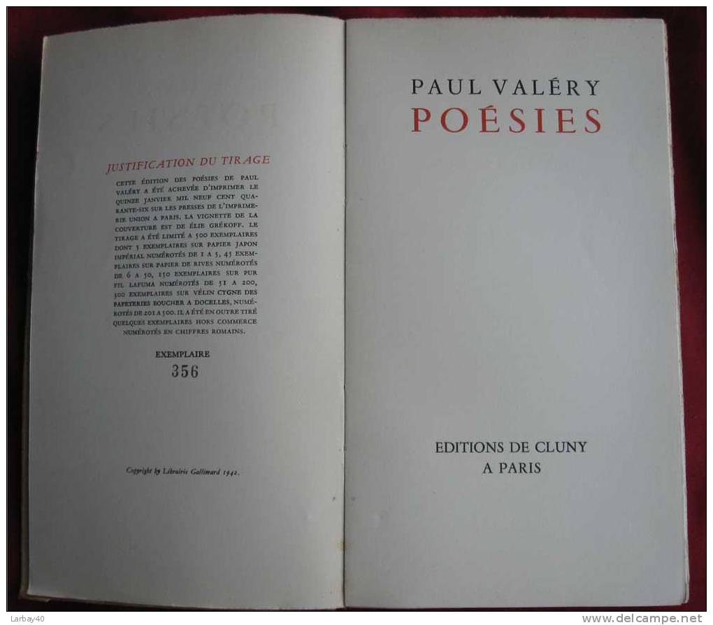 Poesies - Paul Valery - Edt De Cluny 1942 - N° 356 / 500 - Auteurs Français