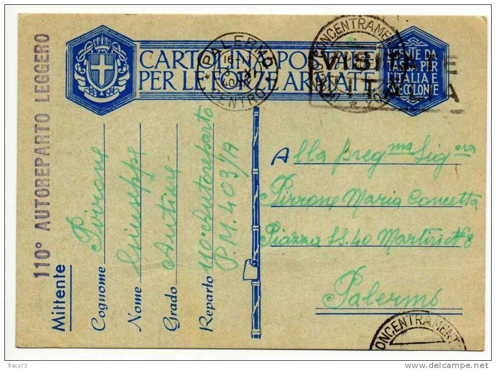 13.11.1940 - Cartolina Postale Per  Le Forze Armate -  110° Autoreparto Leggero - Franchise