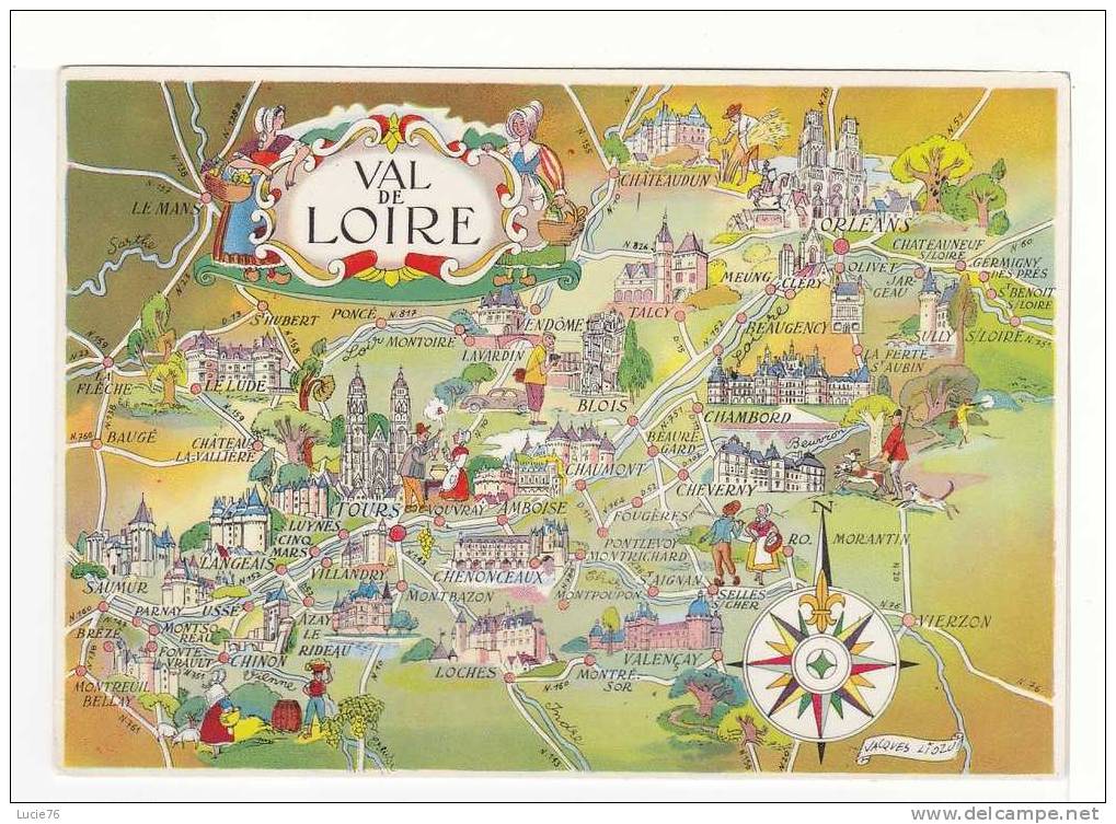 VAL DE LOIRE  -  Carte Avec Illustrations Signées  Jacques Liozu - Pays De La Loire