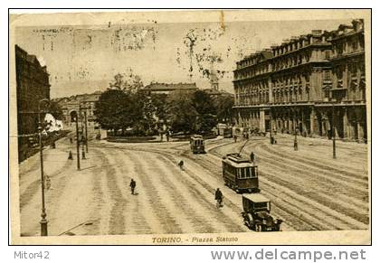 C131-Torino-Piemonte-Piazza  Statuto-Animata Tram-Auto-P.F.v.1926.Annullo Targa:"Acquistate I Buoni Postali Fruttiferi" - Other Monuments & Buildings