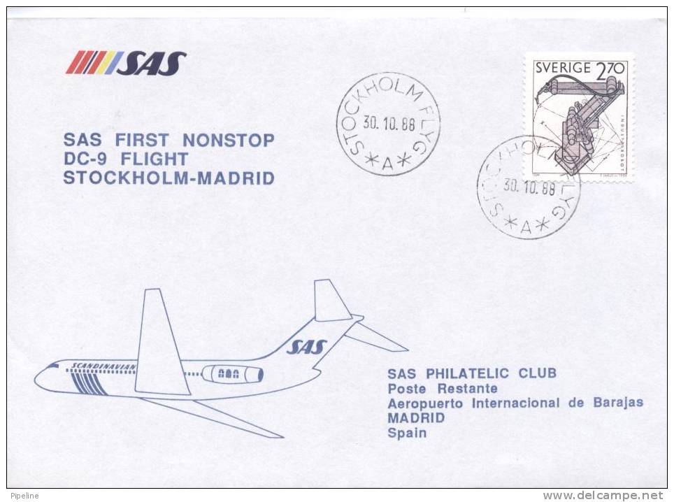 Sweden First SAS DC-9 Flight Stockholm - Madrid 30-10-1988 - Storia Postale