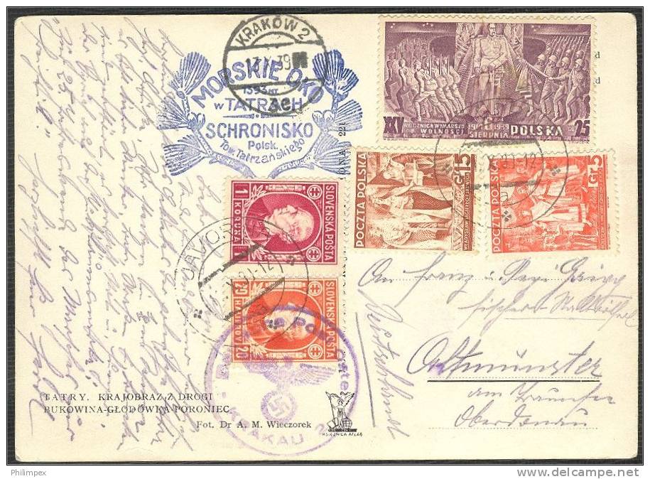 POLAND, EXTREMELY CURIOUS POSTCARD  WITH STAMPS FROM POLAND AND SLOVAKIA AT THE BEGINNING OF WW - Briefe U. Dokumente