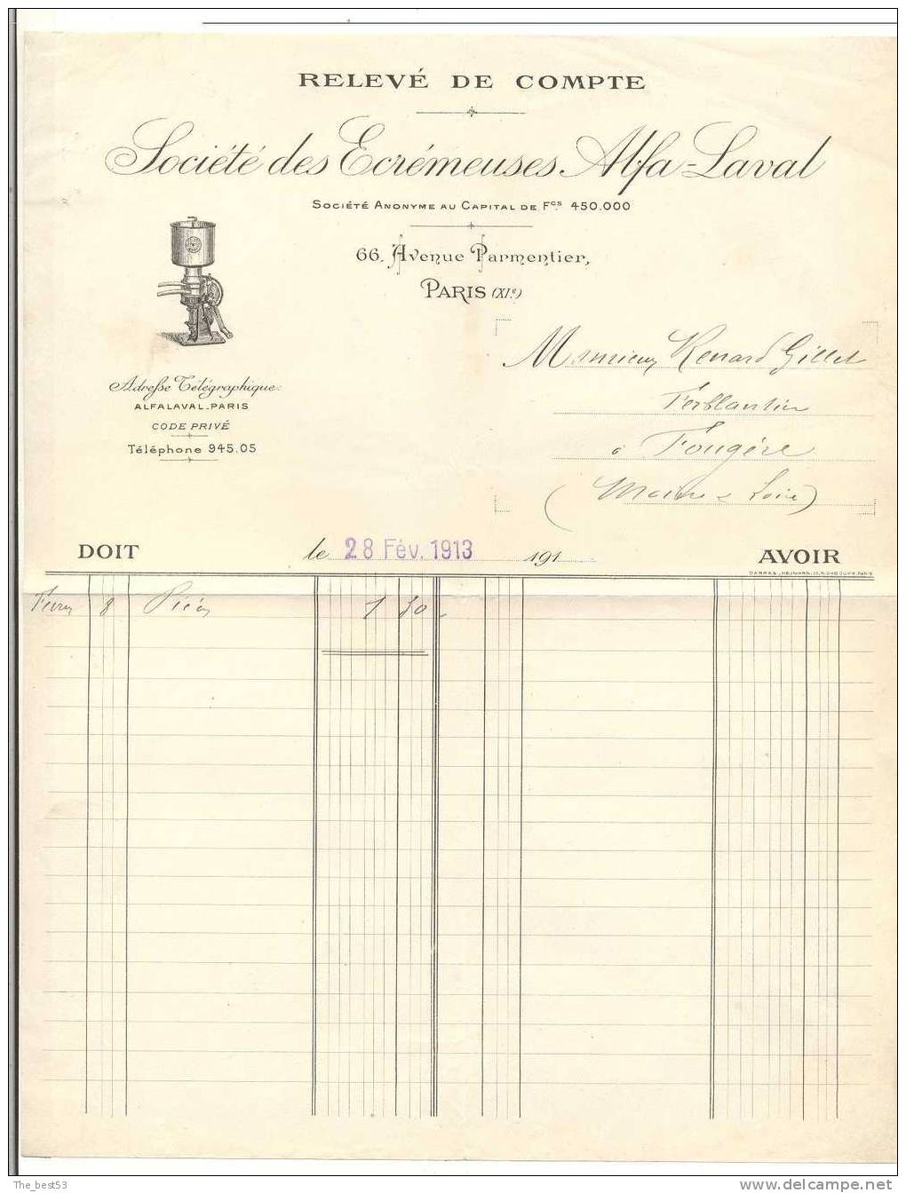 Facture   Société Des Ecremeuse Alfa Laval   -   Paris (75) - Landbouw