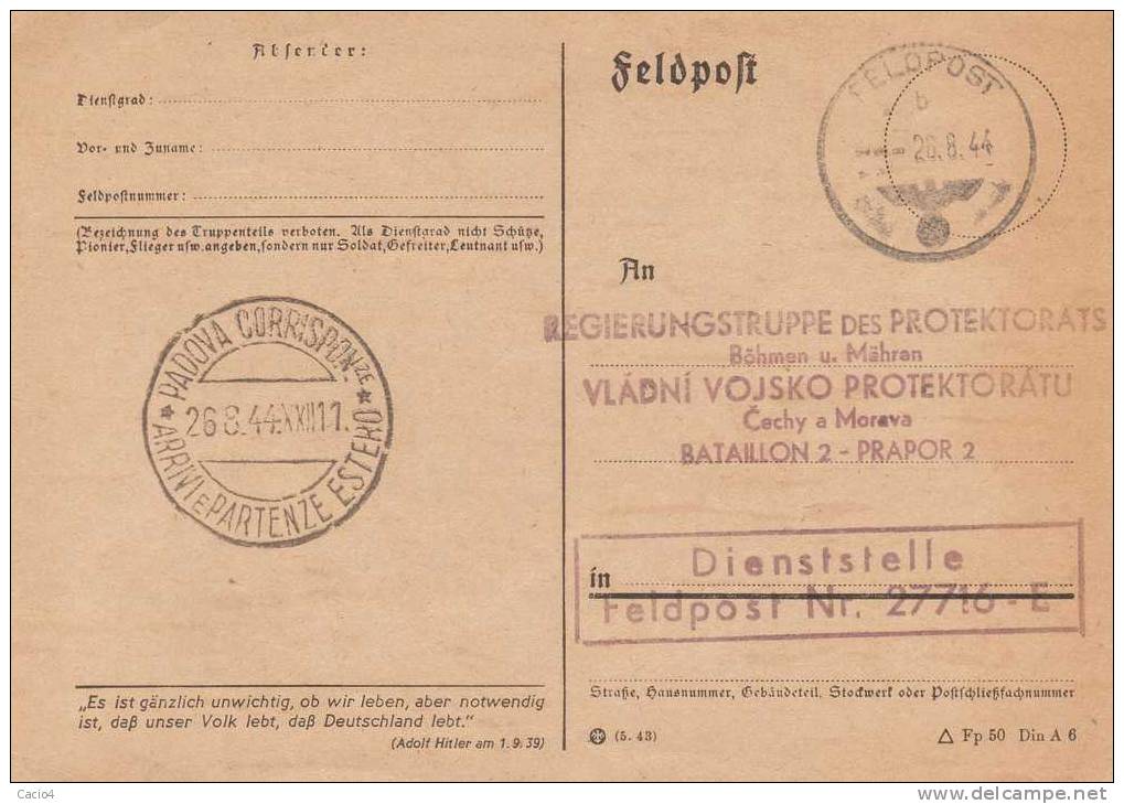 1944 26.8. U470 5c Seppia Da Padova Su Feldpost Citando Hitler A Feldpost 27716-E - Entiers Postaux
