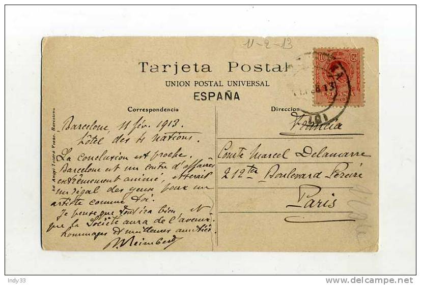 - ESPAGNE 1889/1931 . AFFRANCHISSEMENT SIMPLE SUR CP DE 1913 POUR LA FRANCE . - Covers & Documents