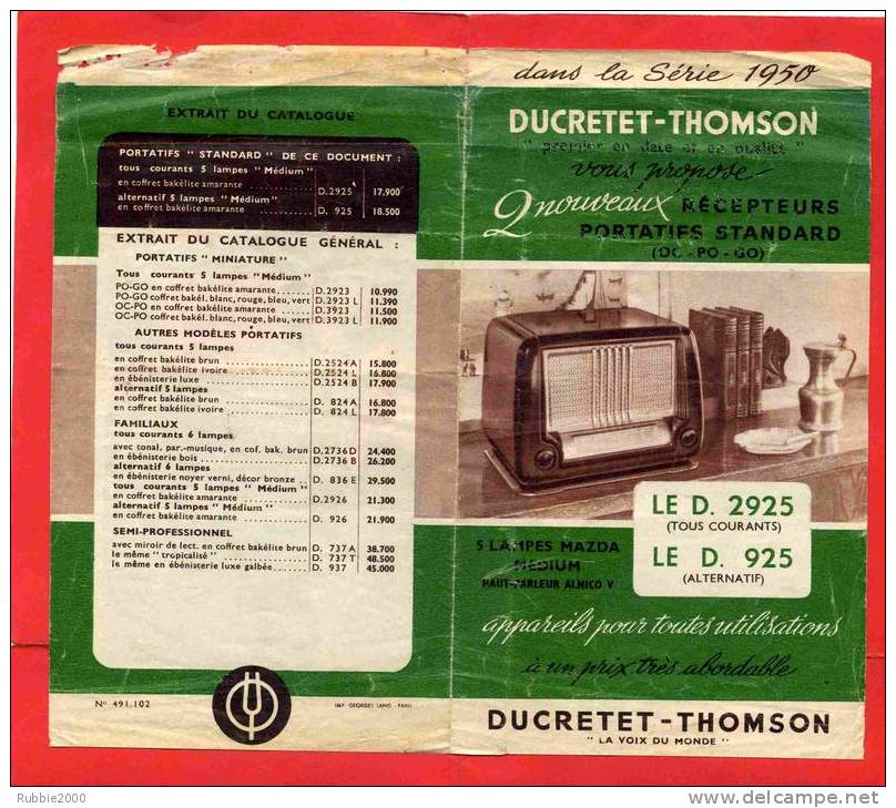 PUBLICITE DUCRETET THOMSON 1950 RECEPTEUR PORTATIF STANDARD - Altri & Non Classificati