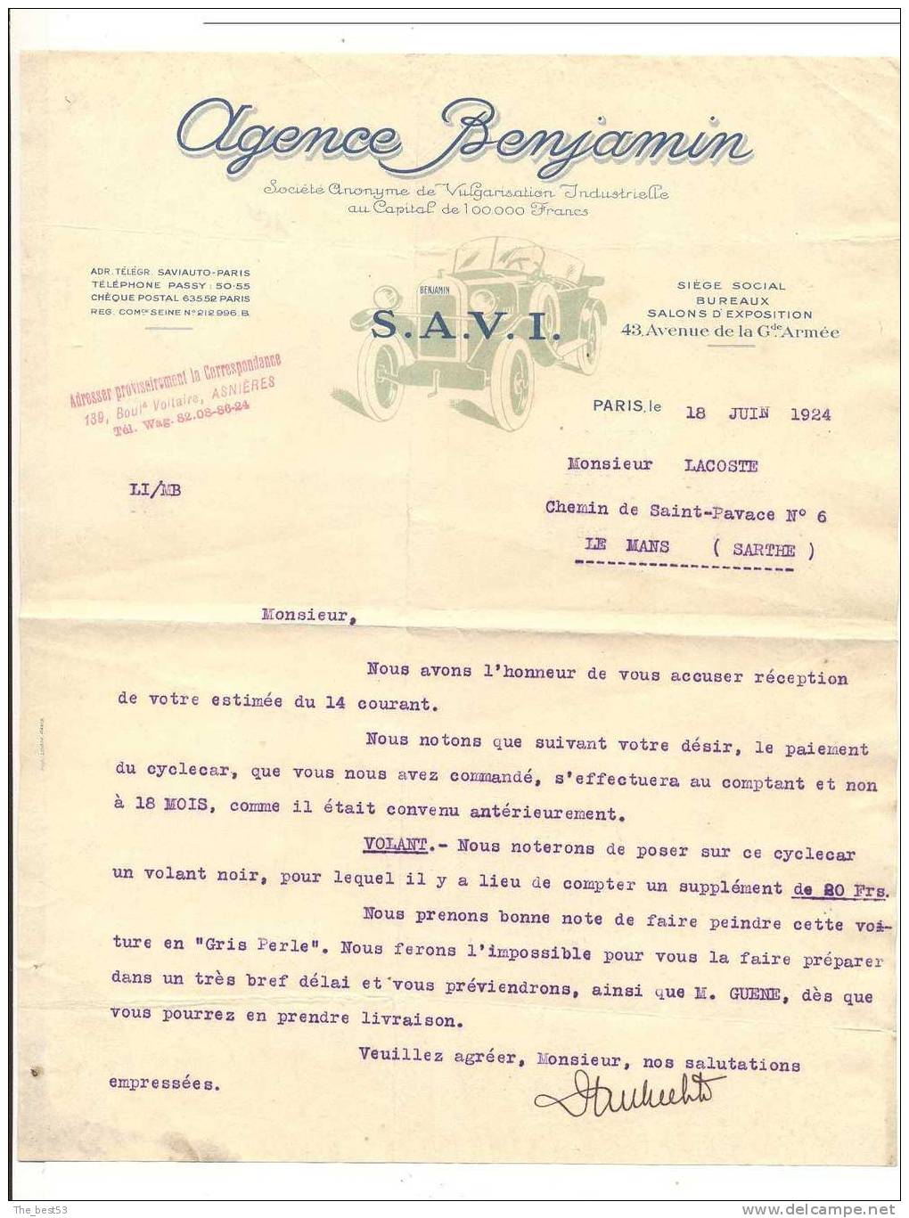 Facture (lettre)    Sté Anonyme De Vulgarisation Industrielle  - Agence Benjamin  -  Paris (75) - Automobile