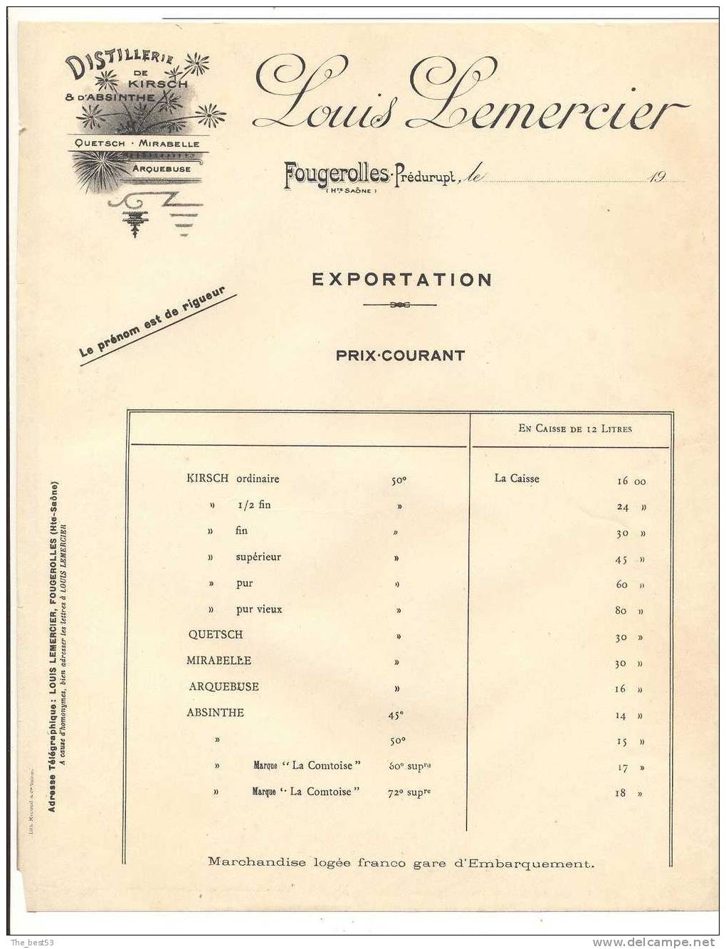 Facture  (Tarif)  Distillerie De Kirsch & D´Absinthe  -  Louis Lemercier  -  Fougerolles  (71) - Facturen