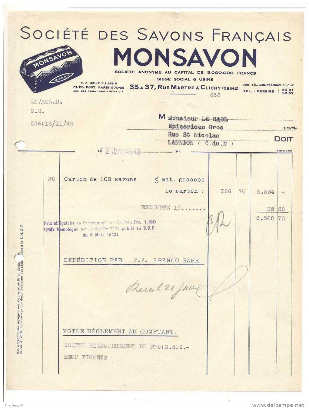 Facture    Sté Des Savons Français   -   Monsavon  -   Clichy (92) - Chemist's (drugstore) & Perfumery