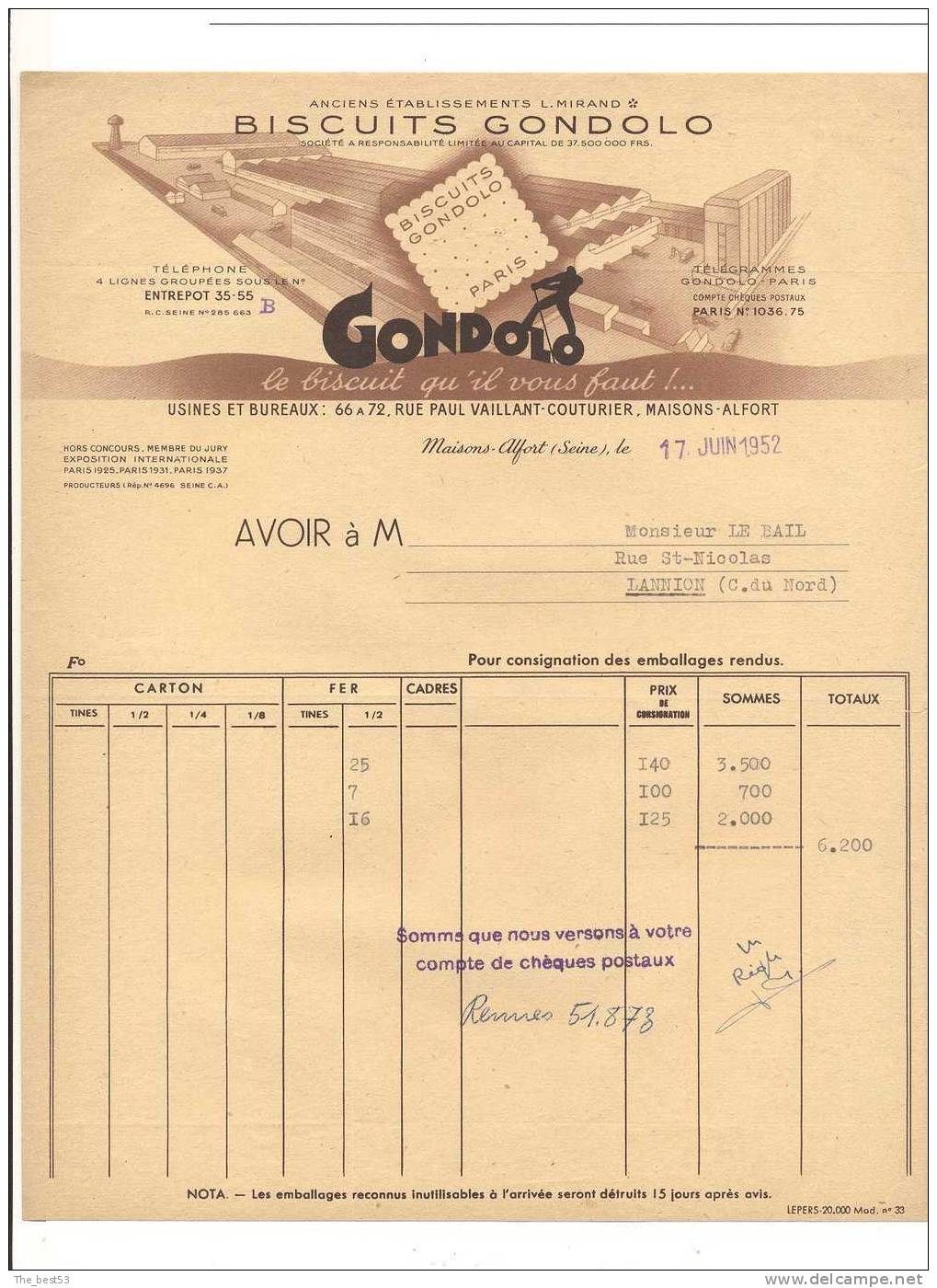 Facture    Sté Des Biscuits Gondolo   -   Maisons Alfort (94) - Invoices