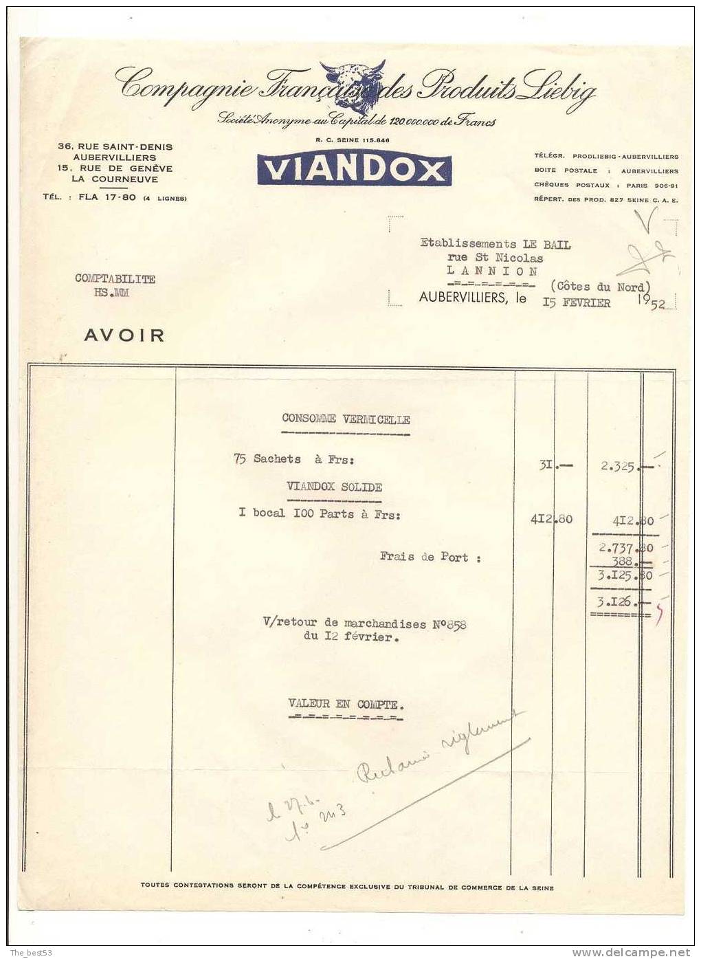 Facture      Compagnie Française Des Produits Liebig - Viandox-    Aubervilliers  (93) - Facturen