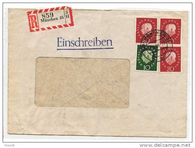 Bund Mi.N°304  Kleiner Heuss Als Paar Mit Zusatzfrankatur Auf Einschreibebrief Gestempelt München 10. 8. 59 - Covers & Documents