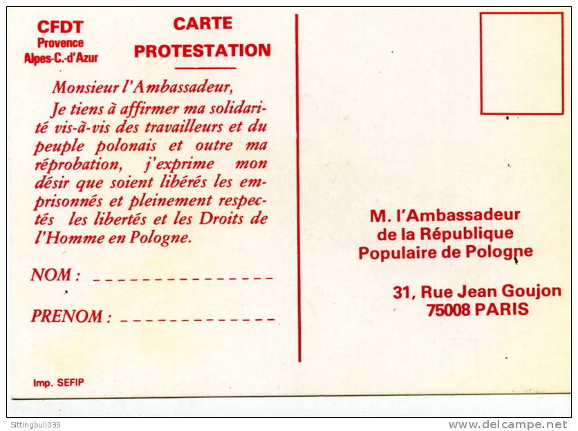 SOLIDARNOSC. CARTE POSTALE DE PROTESTATION. CFDT PROVENCE ALPES-C. D'AZUR. Années 80. - Gewerkschaften