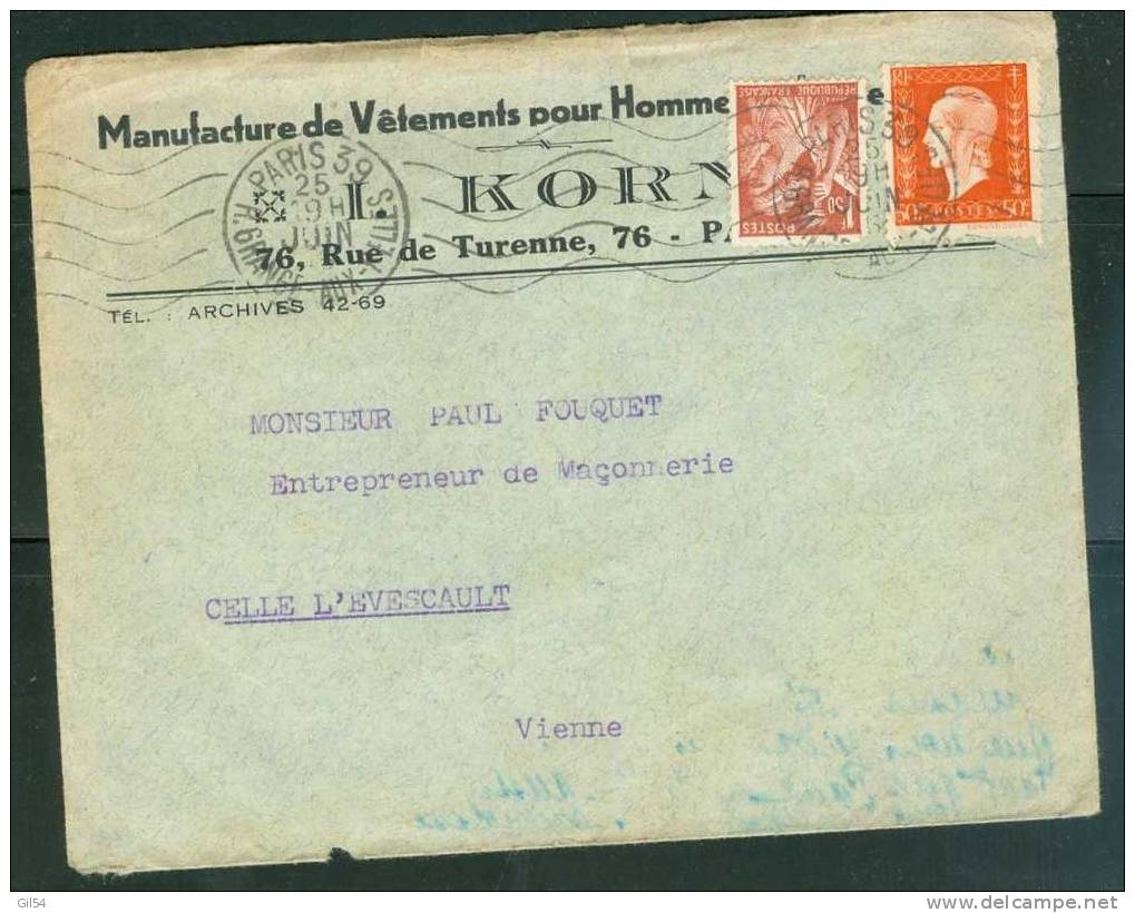 Marianne De Dulac Yver N°685 + Yvert N°652  Sur Lettre De Paris  En Juin 1945- Po331b - 1944-45 Marianne (Dulac)