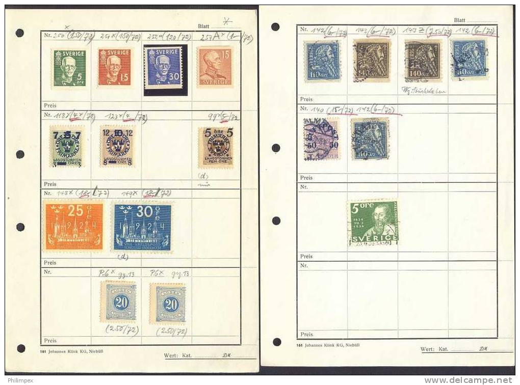 SWEDEN, 39 STAMPS ON APPROVAL PAGES, SEVERAL CLASSICS - Collections