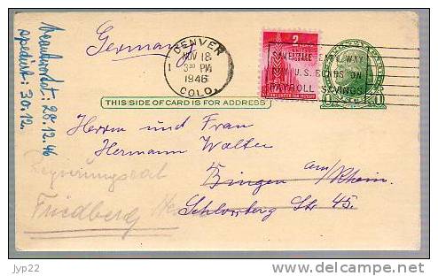 EP Entier Postal One Cent Amérique Etats Unis USA CAD Denver 18 NOV 1946 Pour L´Allemagne Omec Save .. Bonds .. Payroll - 1941-60