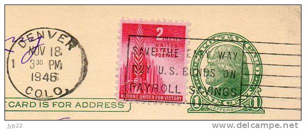 EP Entier Postal One Cent Amérique Etats Unis USA CAD Denver 18 NOV 1946 Pour L´Allemagne Omec Save .. Bonds .. Payroll - 1941-60