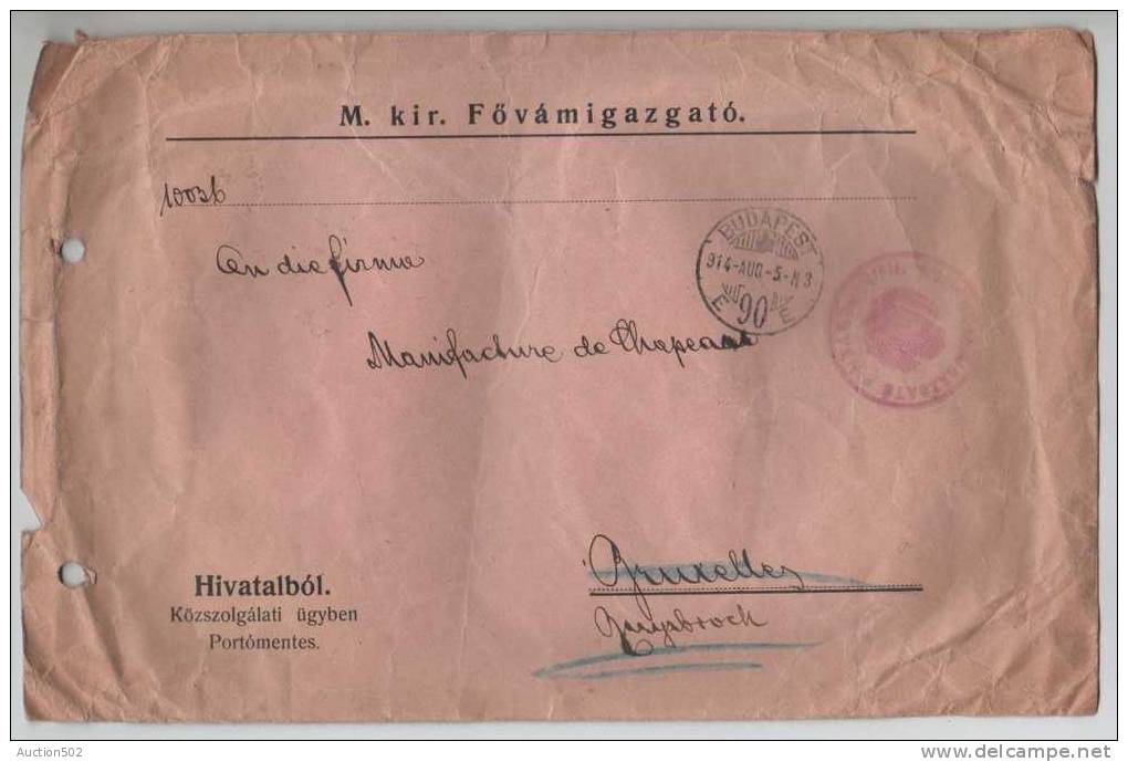 Official Cover(tired) Budapest *90* 05.08.1914 Red Canc.to Brussels Ruysbroek Backside 'open By Censo' 3324 - Officials
