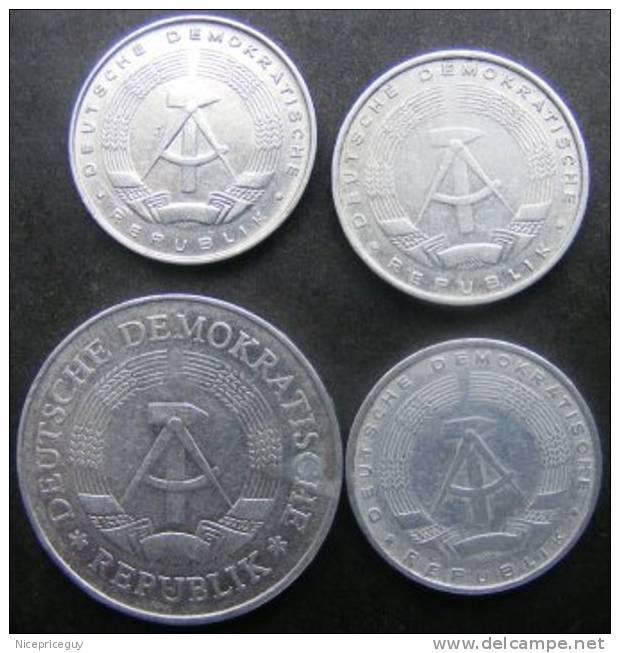 DDR GDR 4 Coins: 1 Mark + 3 X 5 Pfennig  Deutsche Demokratische Republik - 1 Mark