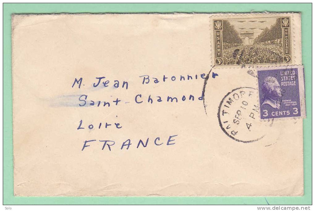 Sur Env.  CAD BALTIMORE Sur Affranch. Bicolore (Troupe Sous L' Arc De Triomphe Et Thomas JEFFERSON) - Postal History