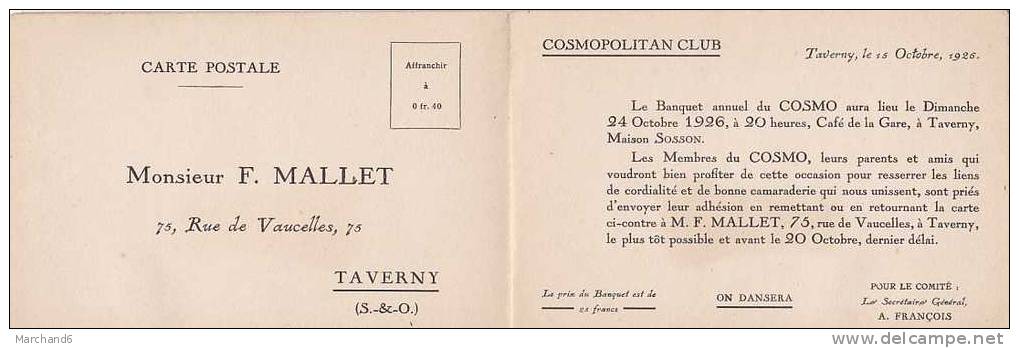 VAL D OISE.TAVERNY.COSMOPOLITAIN CLUB 1926 LE BANQUET ANNUEL DU COSMO - Taverny