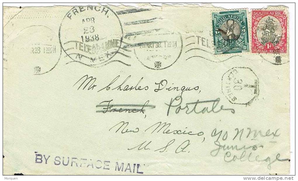 2240. Carta PRETORIA (South Africa) 1938 A New Mexico. Reexpedida. TAXE - Covers & Documents