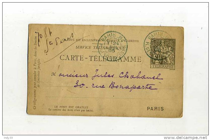 - FRANCE . CARTE-TELEGRAMME DE 1895 - Pneumatic Post