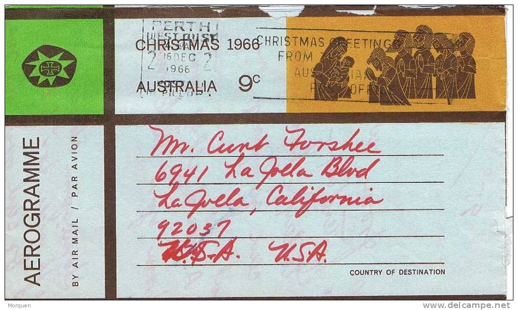 Aerograma PERTH (Australia) 1966.  Christmas - Briefe U. Dokumente