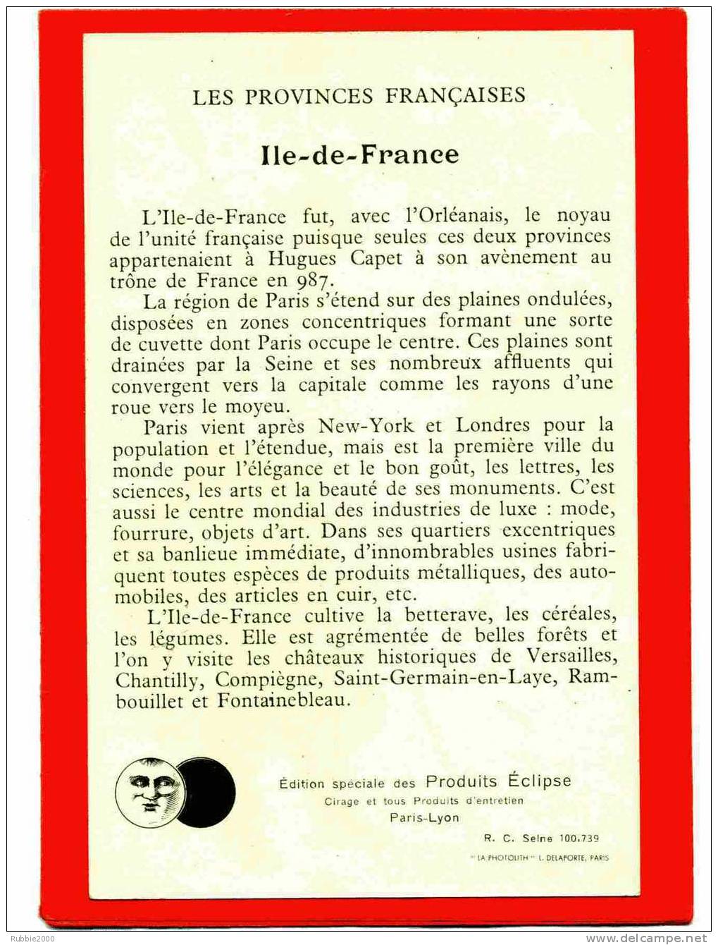 ILE DE FRANCE LES PROVINCES FRANCAISES CARTE PUBLICITAIRE CIRAGE PRODUITS ECLIPSE CARTE EN TRES BON ETAT - Ile-de-France