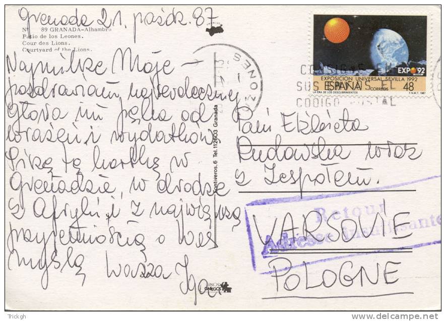 Granada -- Varsovie (Poland) 1987 / Retour Adresse Insuffisante / Rebut - Lettres & Documents