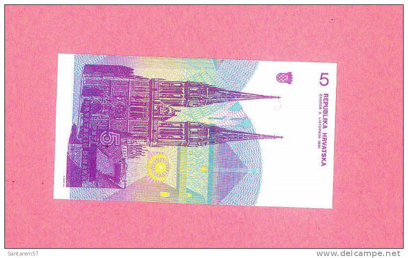 Billet De Banque Nota Banknote Bill 5 Dinars CROATIE CROATIA REPUBLIKA HRVATSKA - Croatia