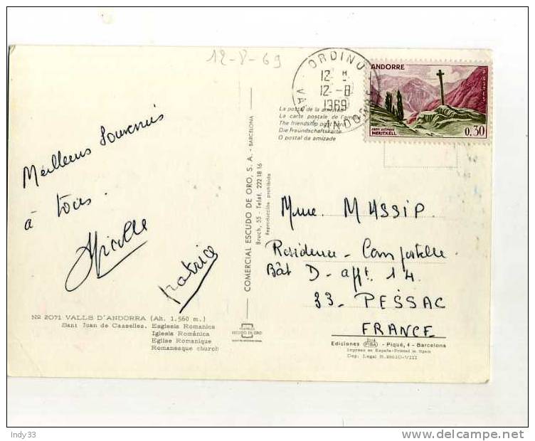 - ANDORRE . AFFRANCHISSEMENT SIMPLE SUR CP DE 1969 POUR LA FRANCE . - Covers & Documents
