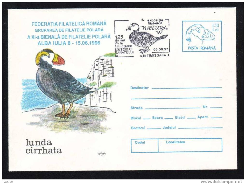 Lunda Cirrhata,entier Postaux Romania 1996 Obliteration Concordante –Bird Lunda Cirrhata Cover Stationery From Romania. - Meeuwen