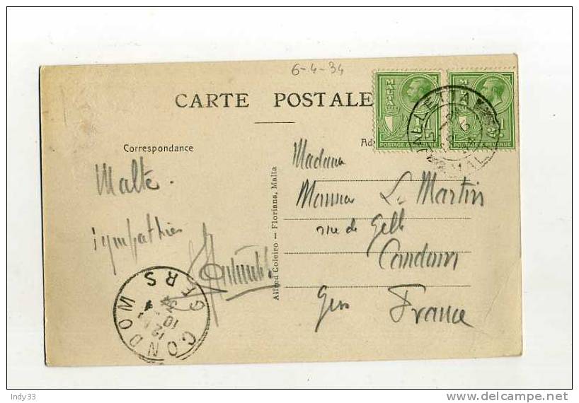 - MALTE . AFFRANCHISSEMENT COMPOSE SUR CP DE 1934  POUR LA FRANCE - Malte (...-1964)