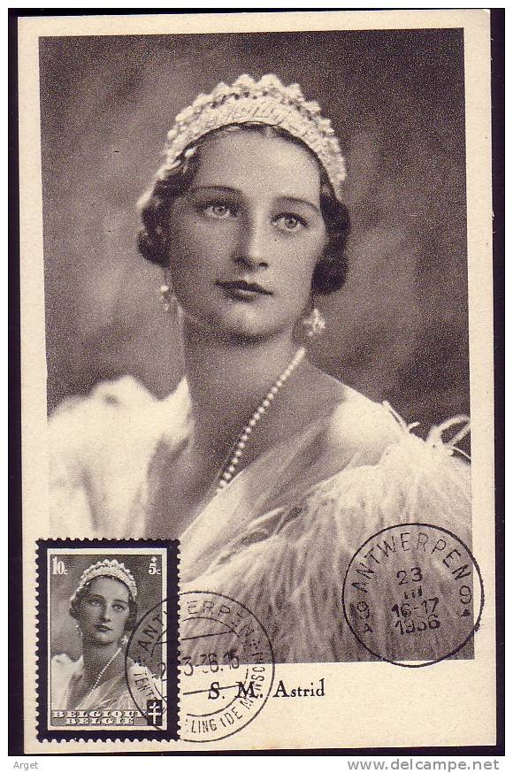 Carte Maximum BELGIQUE  N°Yvert 411 (Reine Astrid) Obl Sp 23.3.36 - 1934-1951