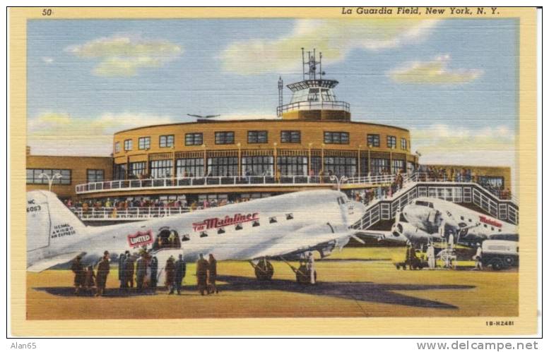 New York NY, La Guardia Airport, United Airlines 'Mainliner' Propeller Airplane, Equipment, 1940s Vintage Curteich Linen - Aerodrome