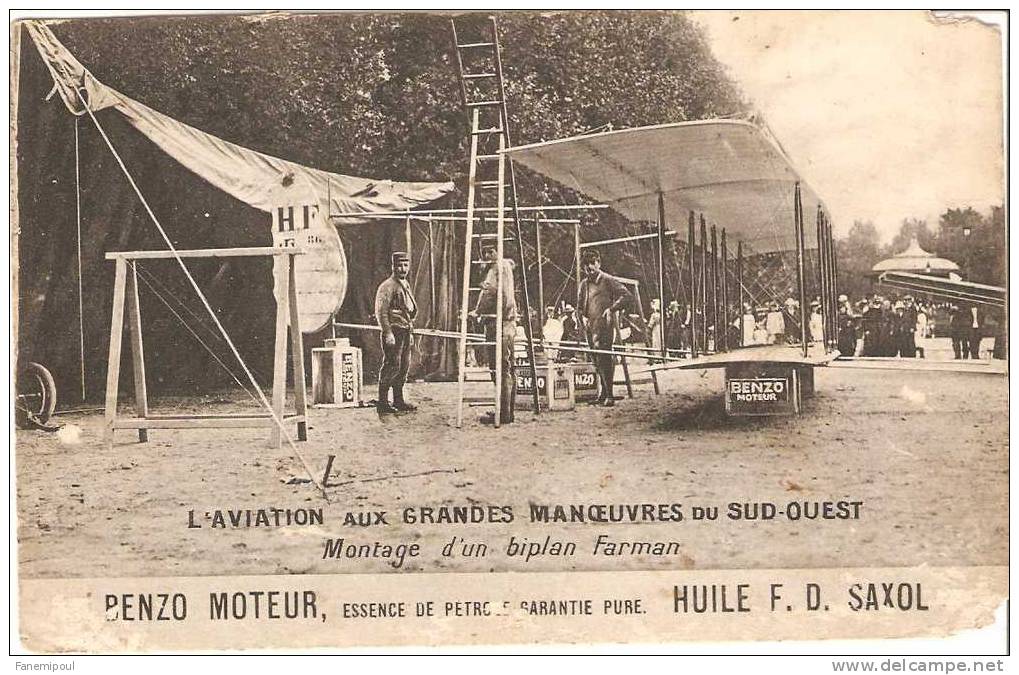 L'AVIATION AUX GRANDES MANOEUVRES DU SUD-OUEST.   Montage D'un Biplan Farman. Huile F.D. SAXOL - Demonstraties