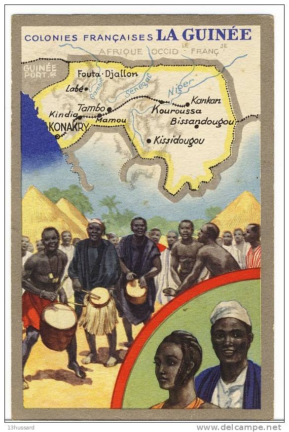 Carte Ancienne Illustrée Les Colonies Françaises - La Guinée - Publicité Lion Noir - French Guinea