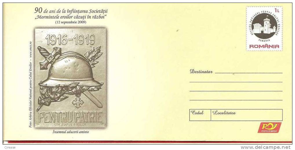 WW1 ROMANIA 2009  Postal Stationery Cover Entiers Postaux ,For The First World War Heroes - WW1