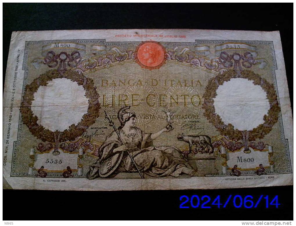 REGNO D´ ITALIA - VITTORIO EMANUELE III - CAPRANESI AQUILA ROMANA  FASCIO LIRE 100 ANNO 24/01/1942 AZZOLINI/URBINI - 100 Liras